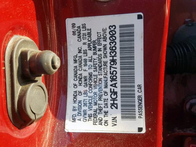 2HGFA16579H363003 - 2009 HONDA CIVIC LX RED photo 10