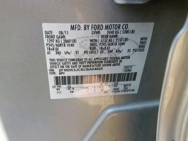 2FMDK3JC8CBA04625 - 2012 FORD EDGE SEL SILVER photo 10