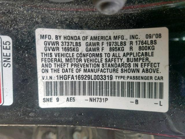 1HGFA16929L003319 - 2009 HONDA CIVIC EXL 黑色 照片 10