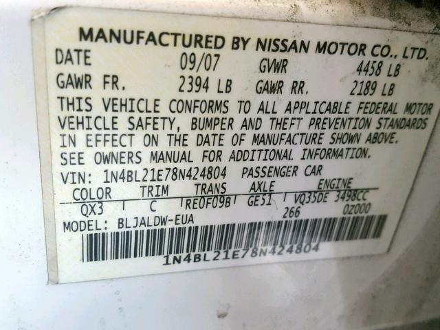 1N4BL21E78N424804 - 2008 NISSAN ALTIMA 3.5 WHITE photo 10