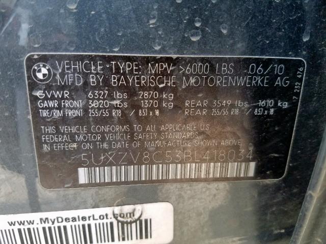 5UXZV8C53BL418034 - 2011 BMW X5 XDRIVE5 GRAY photo 10