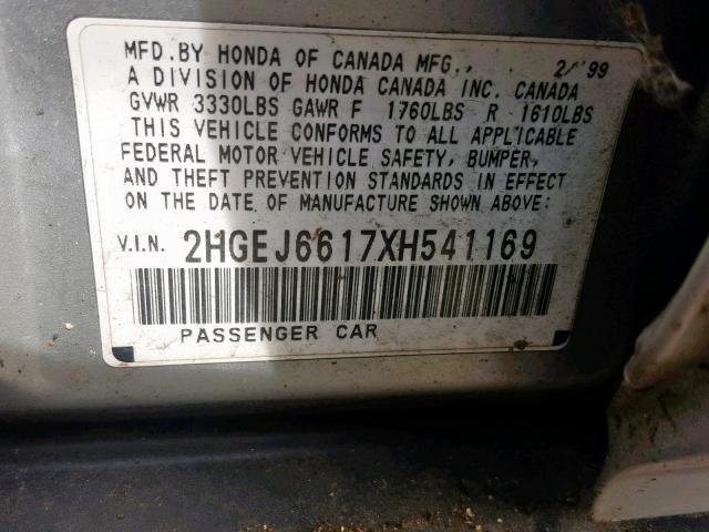 2HGEJ6617XH541169 - 1999 HONDA CIVIC BASE 灰色 照片 10