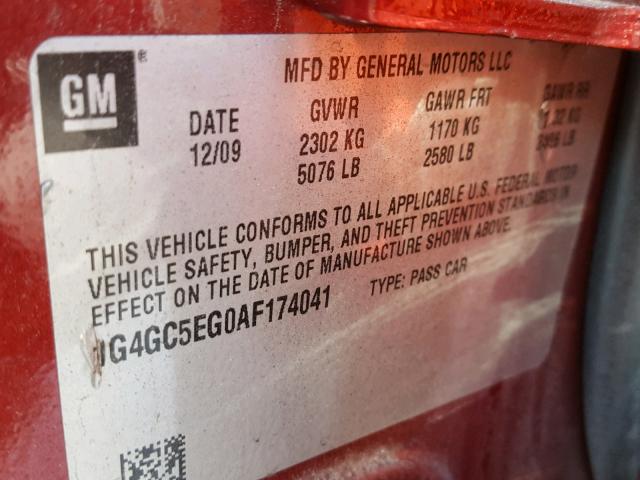 1G4GC5EG0AF174041 - 2010 BUICK LACROSSE C RED photo 10