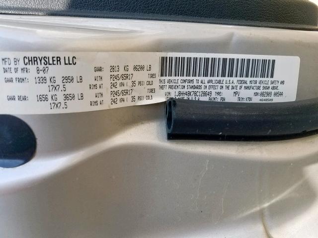 1J8HH48K78C128649 - 2008 JEEP COMMANDER SILVER photo 10