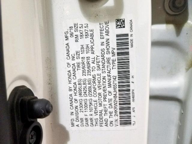 2HKRW2H84JH657142 - 2018 HONDA CR-V EXL WHITE photo 10