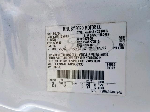 1FTYR44U14PB56333 - 2004 FORD RANGER SUP WHITE photo 10