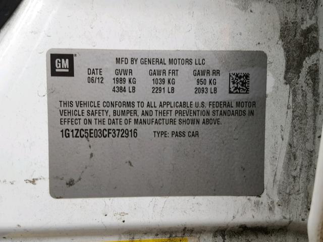 1G1ZC5E03CF372916 - 2012 CHEVROLET MALIBU 1LT WHITE photo 10