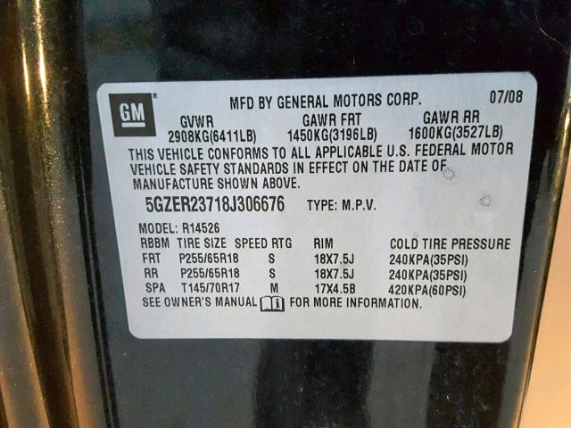 5GZER23718J306676 - 2008 SATURN OUTLOOK XR შავი ფოტო 10