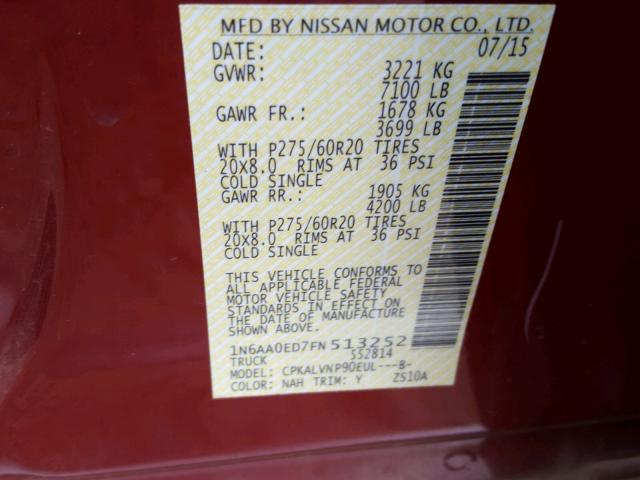 1N6AA0ED7FN513252 - 2015 NISSAN TITAN S RED photo 10