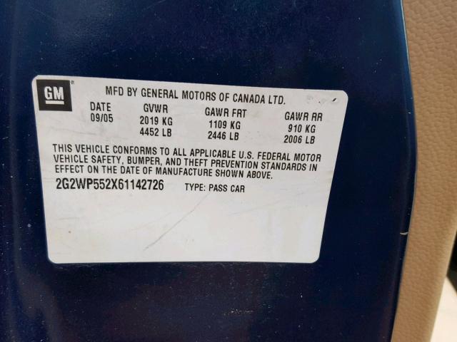 2G2WP552X61142726 - 2006 PONTIAC GRAND PRIX TURQUOISE photo 10