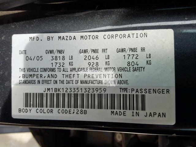 JM1BK123351323959 - 2005 MAZDA 3 S GRAY photo 10