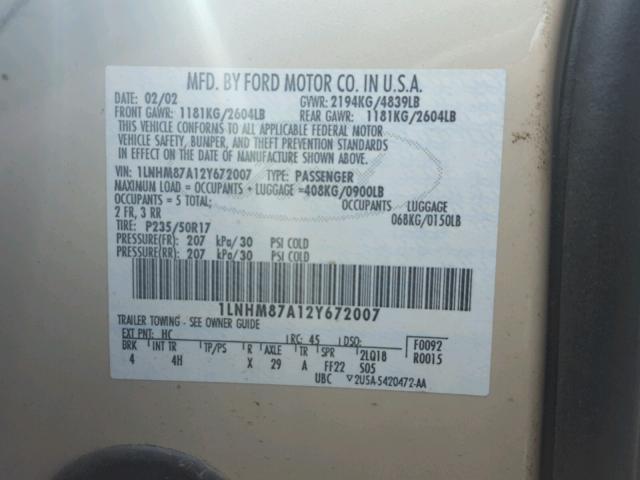 1LNHM87A12Y672007 - 2002 LINCOLN LS TAN photo 10