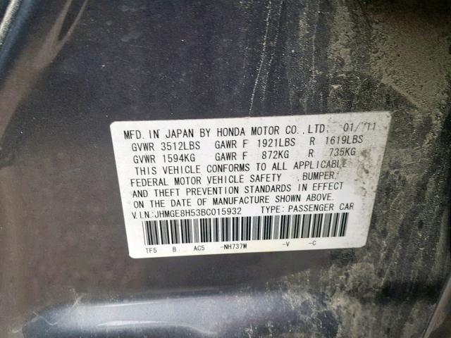 JHMGE8H53BC015932 - 2011 HONDA FIT SPORT GRAY photo 10