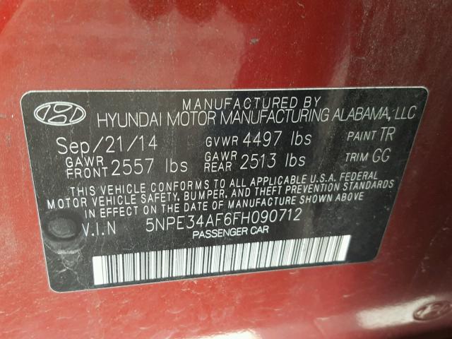 5NPE34AF6FH090712 - 2015 HYUNDAI SONATA SPO RED photo 10