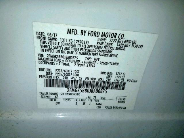 2FMGK5B80JBA00875 - 2018 FORD FLEX SE WHITE photo 10