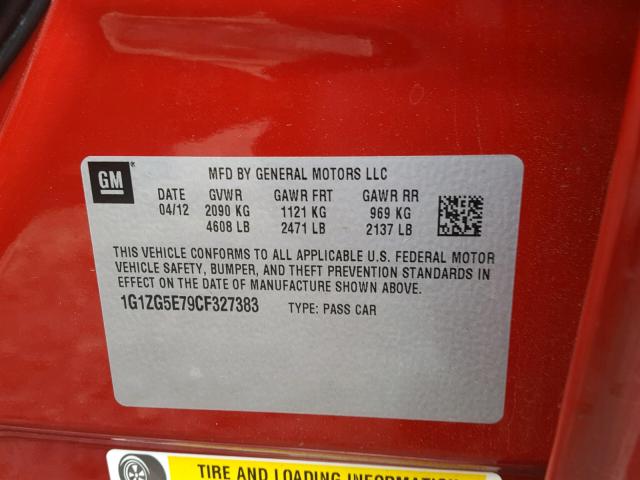 1G1ZG5E79CF327383 - 2012 CHEVROLET MALIBU LTZ წითელი ფოტო 10