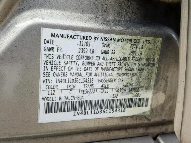 1N4BL11D36C154318 - 2006 NISSAN ALTIMA SE GOLD photo 10