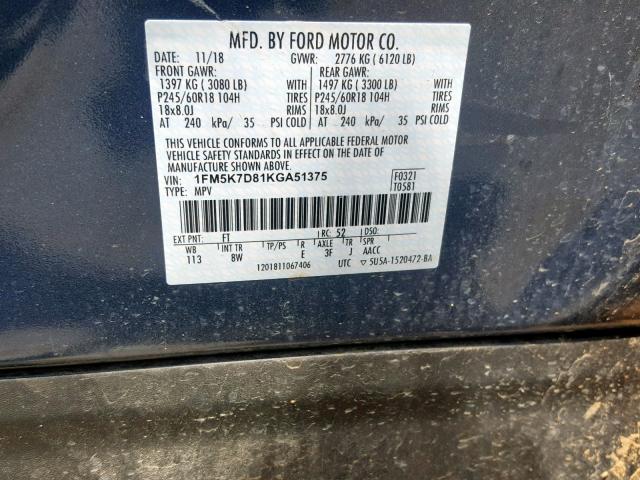 1FM5K7D81KGA51375 - 2019 FORD EXPLORER X BLUE photo 10