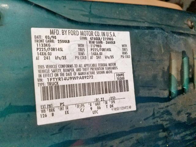 1FTYR14U9WPA89272 - 1998 FORD RANGER SUP GREEN photo 10