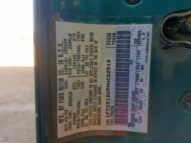 1FTCR10U9NUC52910 - 1992 FORD RANGER GREEN photo 10