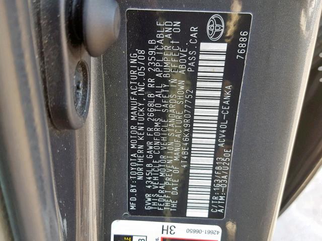 4T4BE46KX9R077752 - 2009 TOYOTA CAMRY BASE GRAY photo 10