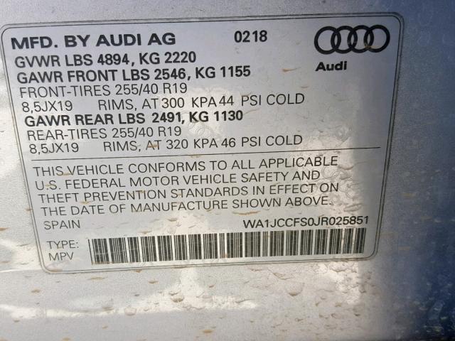 WA1JCCFS0JR025851 - 2018 AUDI Q3 PREMIUM SILVER photo 10