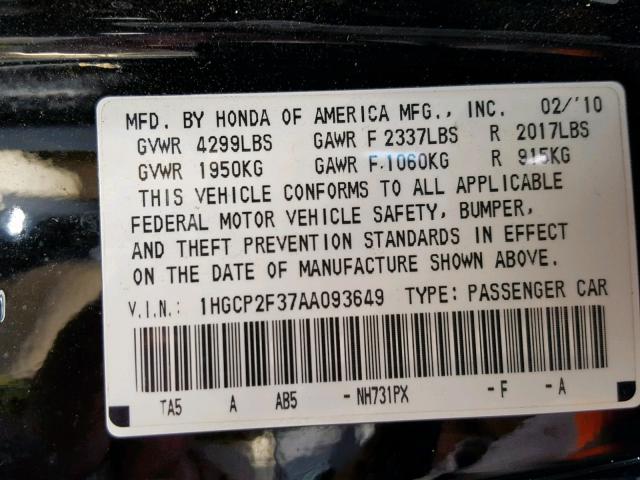 1HGCP2F37AA093649 - 2010 HONDA ACCORD LX BLACK photo 10