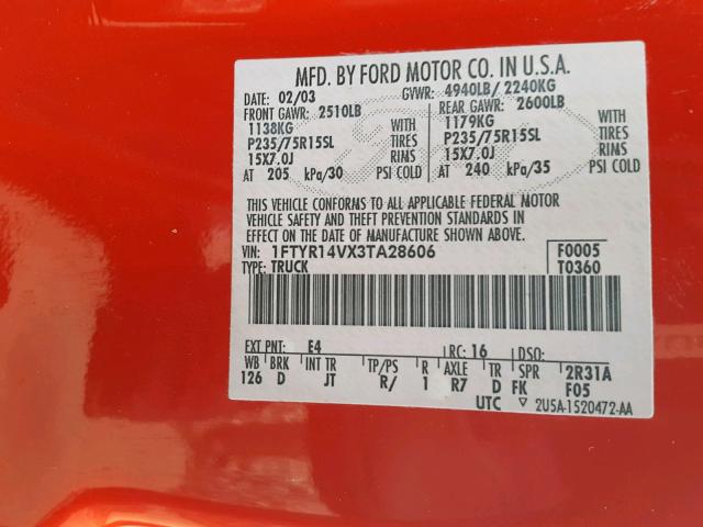 1FTYR14VX3TA28606 - 2003 FORD RANGER SUP RED photo 10