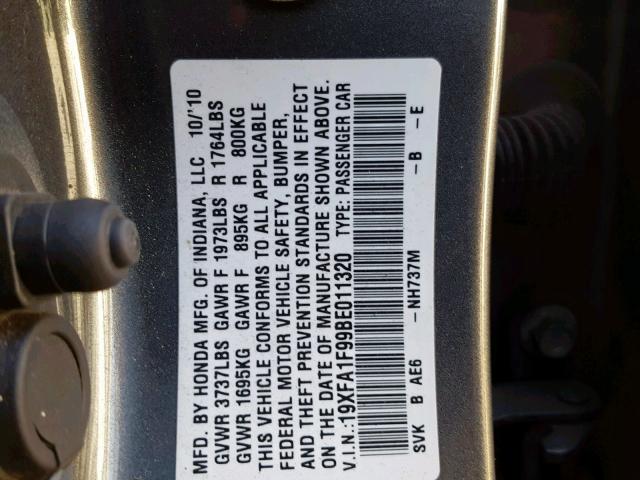 19XFA1F99BE011320 - 2011 HONDA CIVIC EXL Boz foto 10