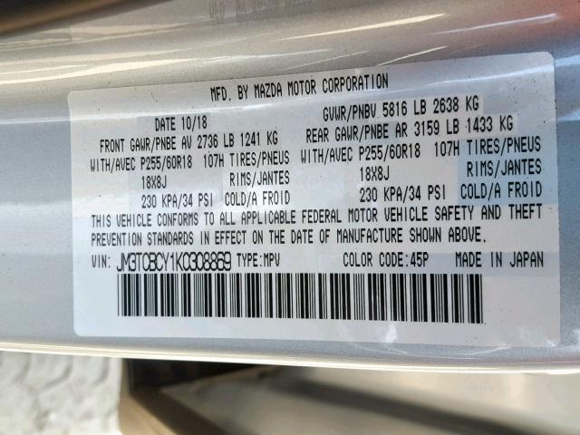 JM3TCBCY1K0308869 - 2019 MAZDA CX-9 TOURI SILVER photo 10