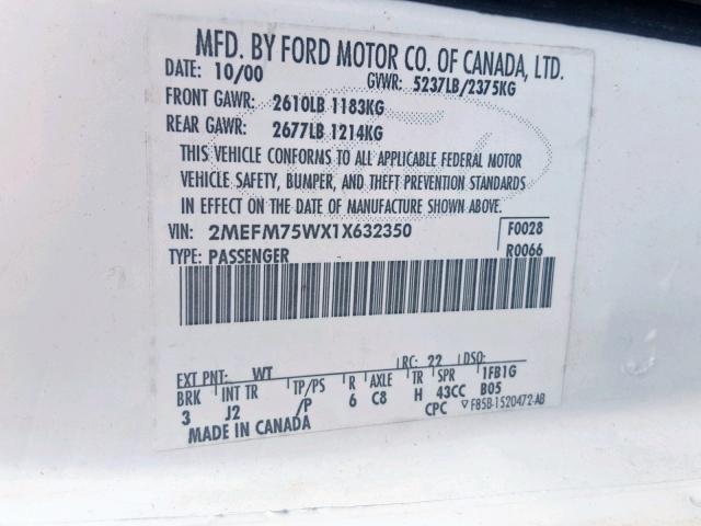 2MEFM75WX1X632350 - 2001 MERCURY GRAND MARQ WHITE photo 10