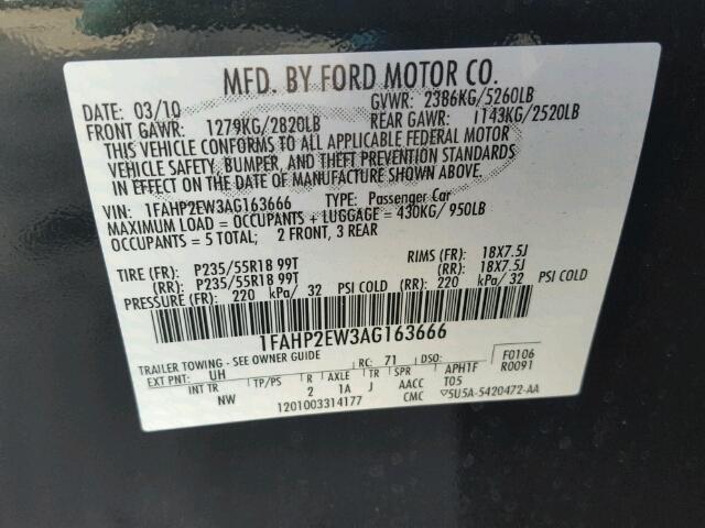 1FAHP2EW3AG163666 - 2010 FORD TAURUS SEL CHARCOAL photo 10