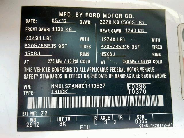 NM0LS7AN8CT113527 - 2012 FORD TRANSIT CO WHITE photo 10