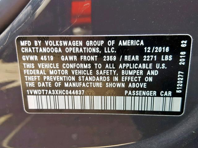1VWDT7A3XHC044637 - 2017 VOLKSWAGEN PASSAT R-L GRAY photo 10