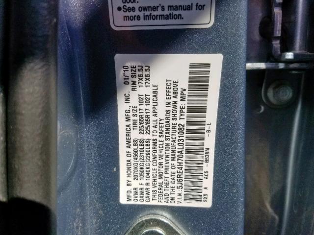 5J6RE4H70AL031082 - 2010 HONDA CR-V EXL BLUE photo 10