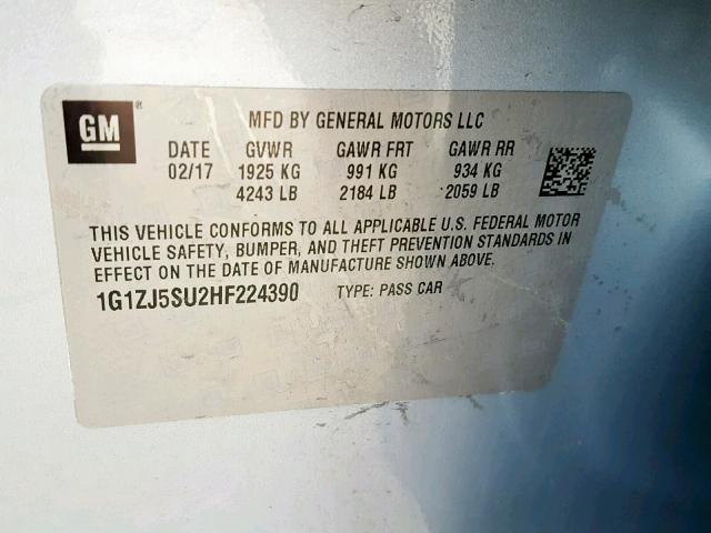 1G1ZJ5SU2HF224390 - 2017 CHEVROLET MALIBU HYB SILVER photo 10