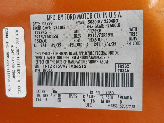 1FTZR15V9YTA06512 - 2000 FORD RANGER SUP ORANGE photo 10