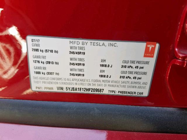 5YJSA1E12HF209587 - 2017 TESLA MODEL S RED photo 10