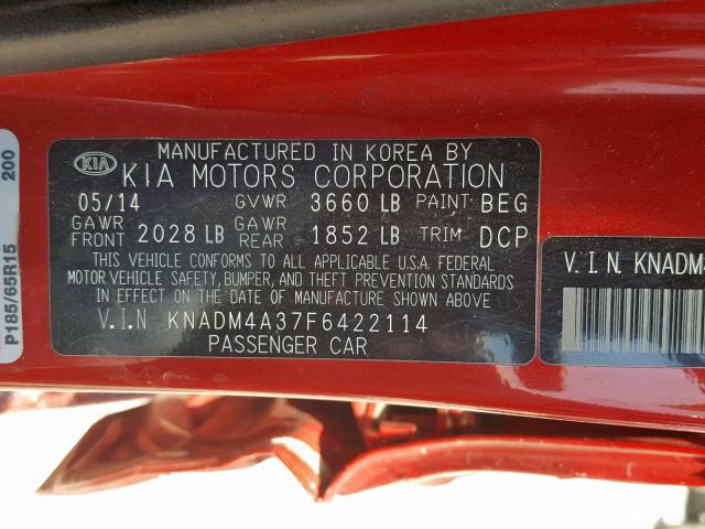 KNADM4A37F6422114 - 2015 KIA RIO LX RED photo 10