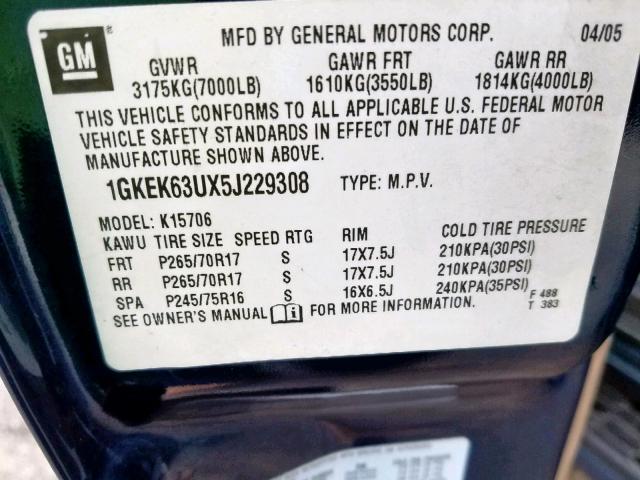 1GKEK63UX5J229308 - 2005 GMC YUKON DENA BLUE photo 10