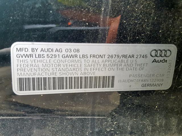 WAUDH74F88N122909 - 2008 AUDI A6 3.2 QUA BLACK photo 10