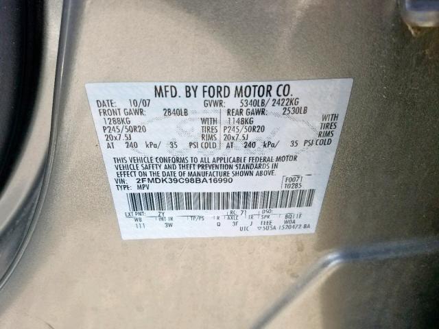 2FMDK39C98BA16990 - 2008 FORD EDGE LIMIT SILVER photo 10