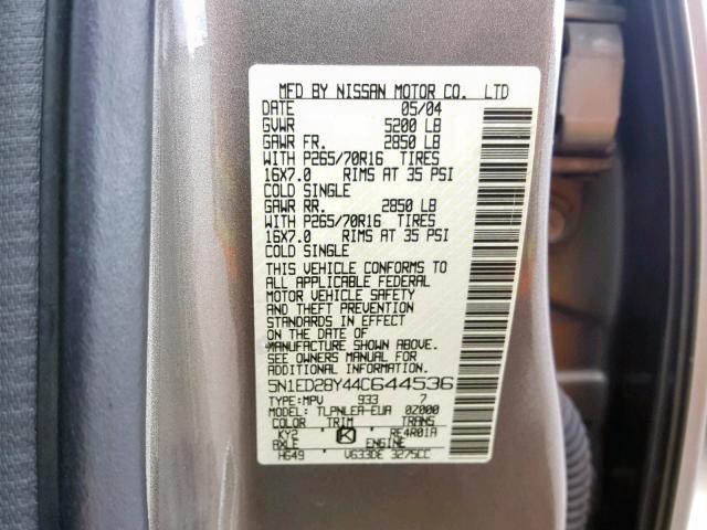 5N1ED28Y44C644536 - 2004 NISSAN XTERRA XE GRAY photo 10