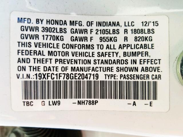 19XFC1F78GE204719 - 2016 HONDA CIVIC EXL 白色 照片 10