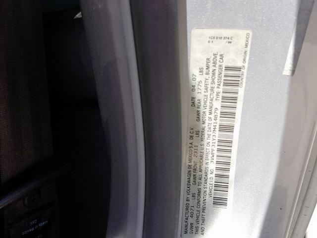 3VWPF31Y37M414879 - 2007 VOLKSWAGEN NEW BEETLE ვერცხლისფერი ფოტო 10