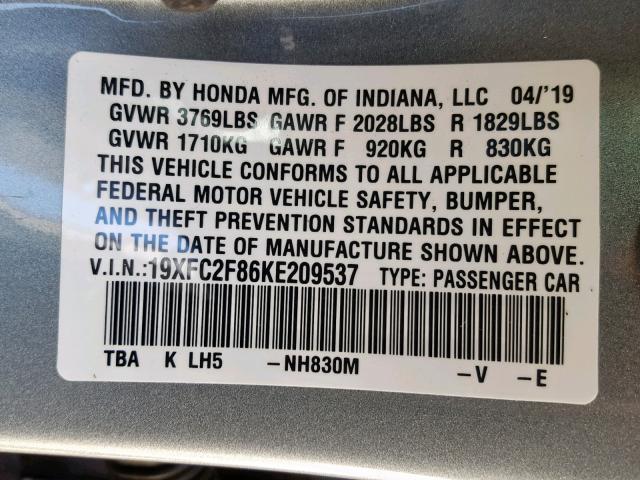 19XFC2F86KE209537 - 2019 HONDA CIVIC SPOR GRAY photo 10