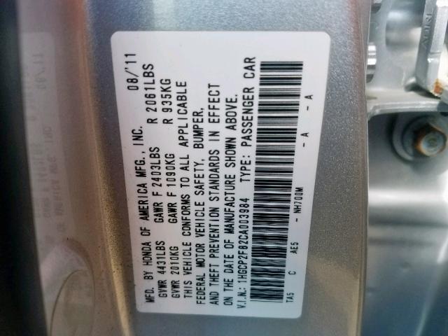 1HGCP2F82CA003984 - 2012 HONDA ACCORD EXL SILVER photo 10