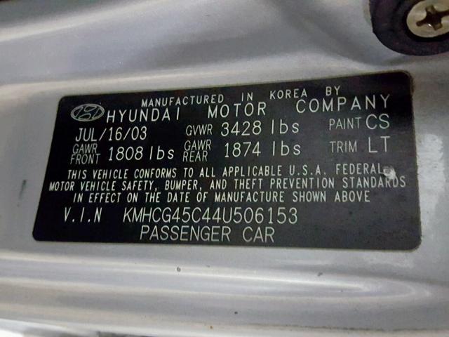 KMHCG45C44U506153 - 2004 HYUNDAI ACCENT GL SILVER photo 10