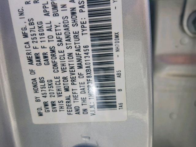 1HGCP3F8XBA013456 - 2011 HONDA ACCORD EXL SILVER photo 10