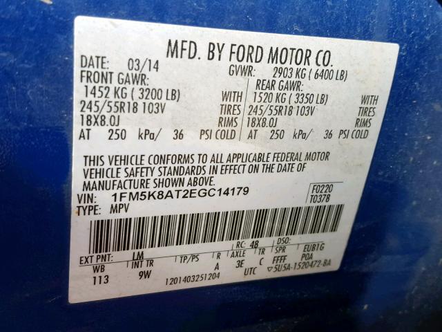 1FM5K8AT2EGC14179 - 2014 FORD EXPLORER P BLUE photo 10